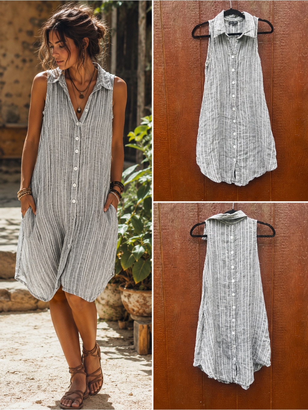 Boho Chic Linen Lagenlook Shirt Dress Tunic Xs Stripe Pockets Artsy Bohemian